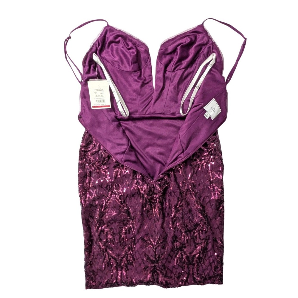 DB Studio Short Allover Sequin Illusion Plunge Mini Dress Sz 4 Purple NWT - Picture 4 of 14